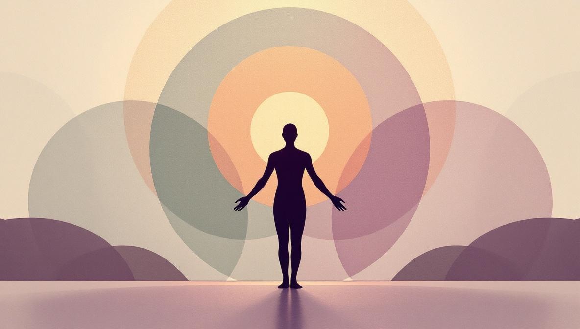 Silhouette umana al centro di tre cerchi sovrapposti che rappresentano corpo, mente e spirito — illustrazione editoriale