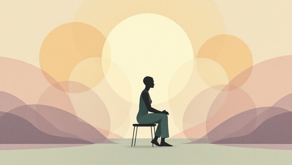 Silhouette seduta in una posa contemplativa con linee dorate che collegano corpo, respiro ed emozione — illustrazione editoriale