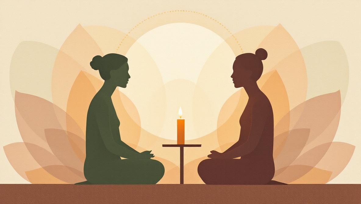 Due silhouette in colloquio quieto, separate da una piccola candela dorata che simboleggia presenza e fiducia — illustrazione editoriale