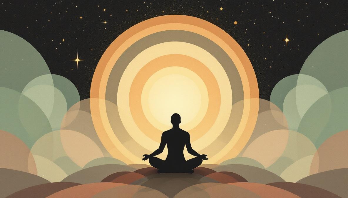 Silhouette seduta al centro di una ruota zodiacale con 12 segmenti — illustrazione editoriale