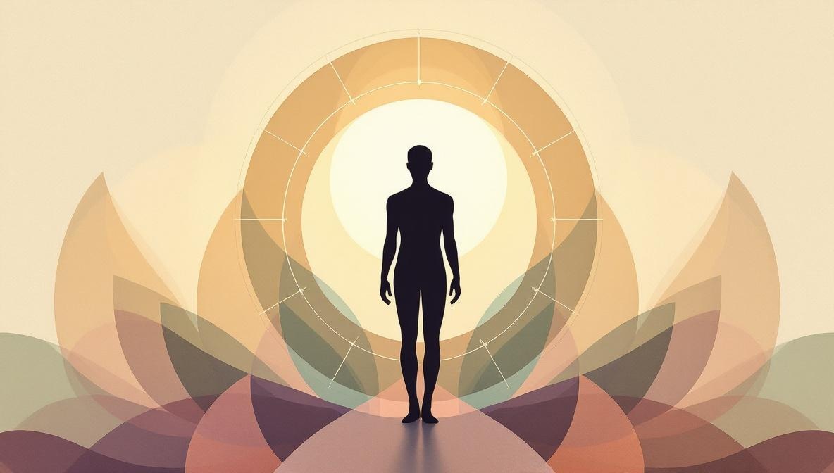 Illustrazione di una silhouette dentro una ruota astrologica con 12 segmenti e linee tratteggiate