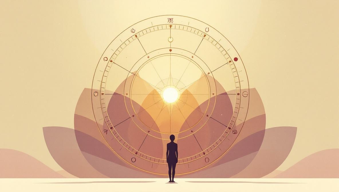 Illustrazione di una grande ruota astrologica con simboli planetari nelle case e una silhouette che guarda verso l'alto