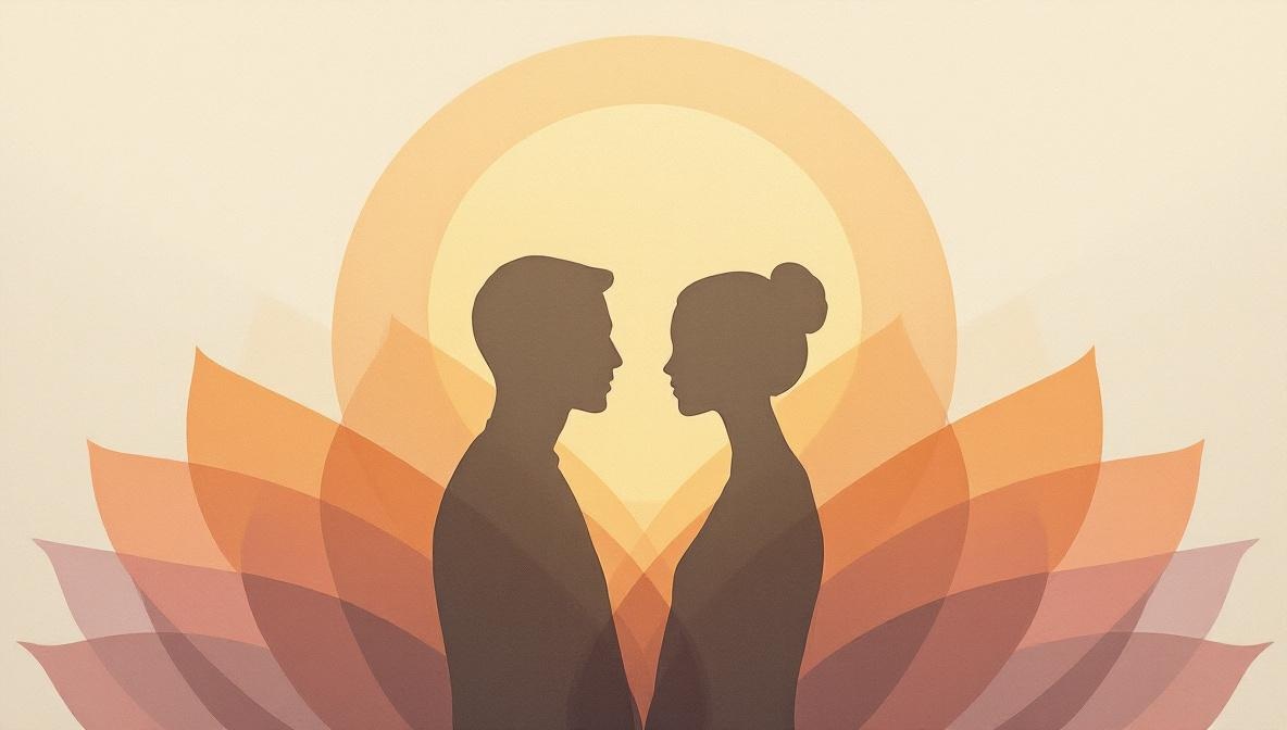 Due silhouette — una più grande come insegnante, una più piccola come studente — collegate da un arco di luce dorata — illustrazione editoriale