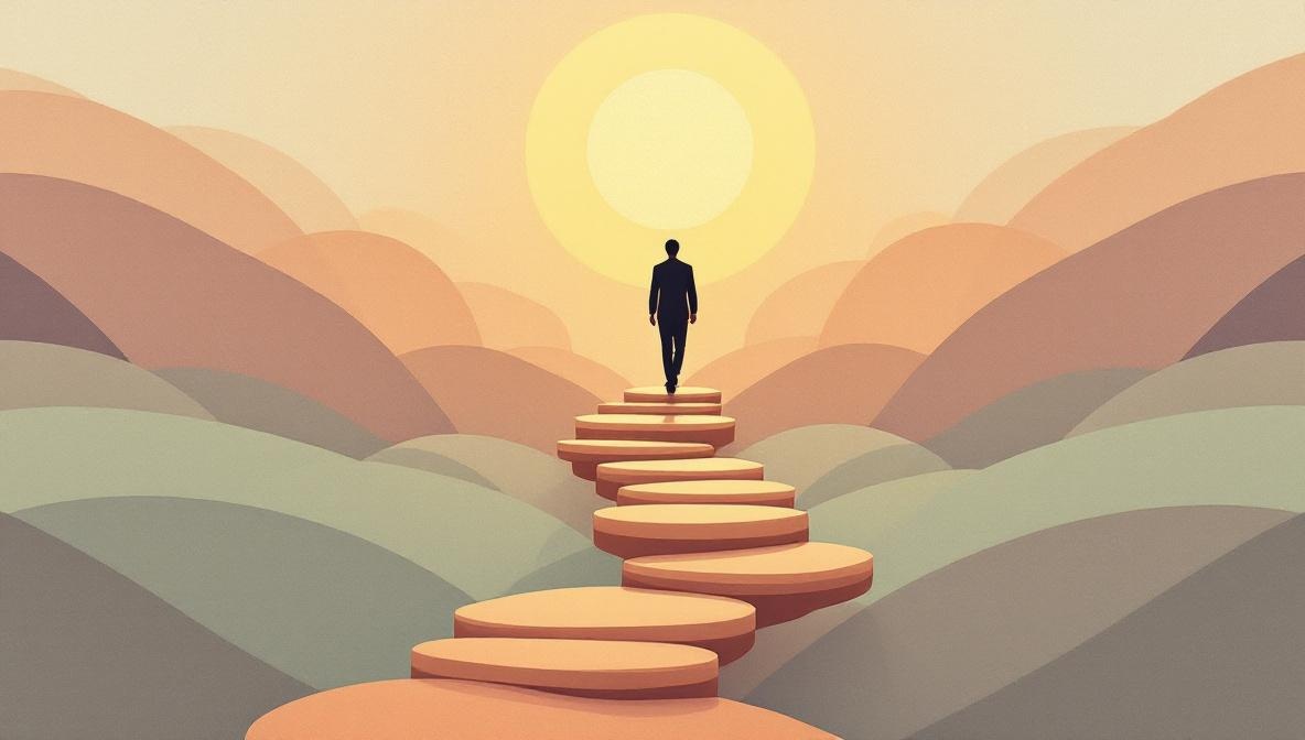 Silhouette che cammina lungo un sentiero ascendente con pietre miliari luminose — illustrazione editoriale