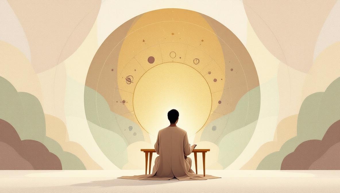 Silhouette davanti a un tema natale circolare con simboli zodiacali — illustrazione editoriale
