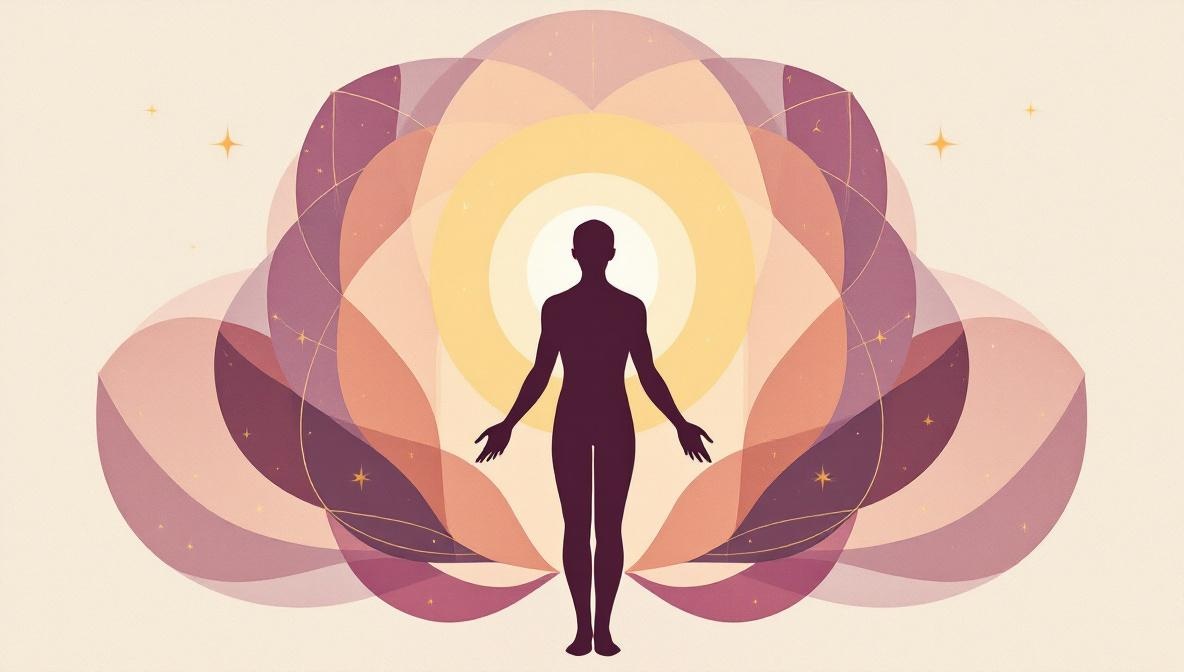 Silhouette al centro di un mandala celeste con segni zodiacali e costellazioni — illustrazione editoriale