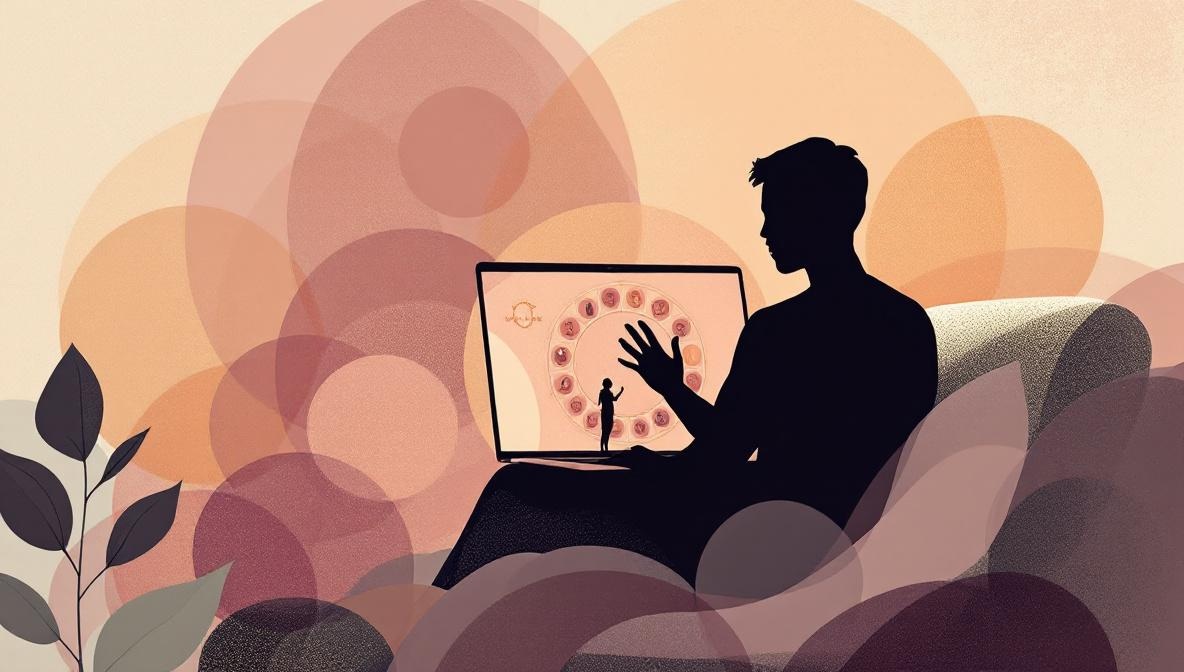 Silhouette davanti a un laptop su cui è visibile un tema natale circolare durante una videochiamata — illustrazione editoriale