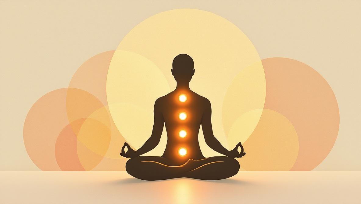 Illustrazione di una silhouette seduta con sette punti energetici luminosi lungo la colonna vertebrale