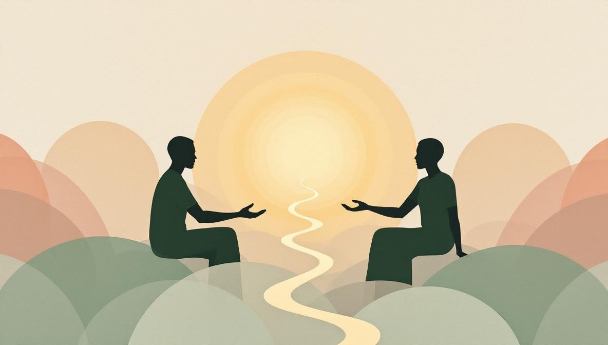 Illustrazione di due silhouette collegate da un fiume di luce dorata che fluisce tra le loro mani tese