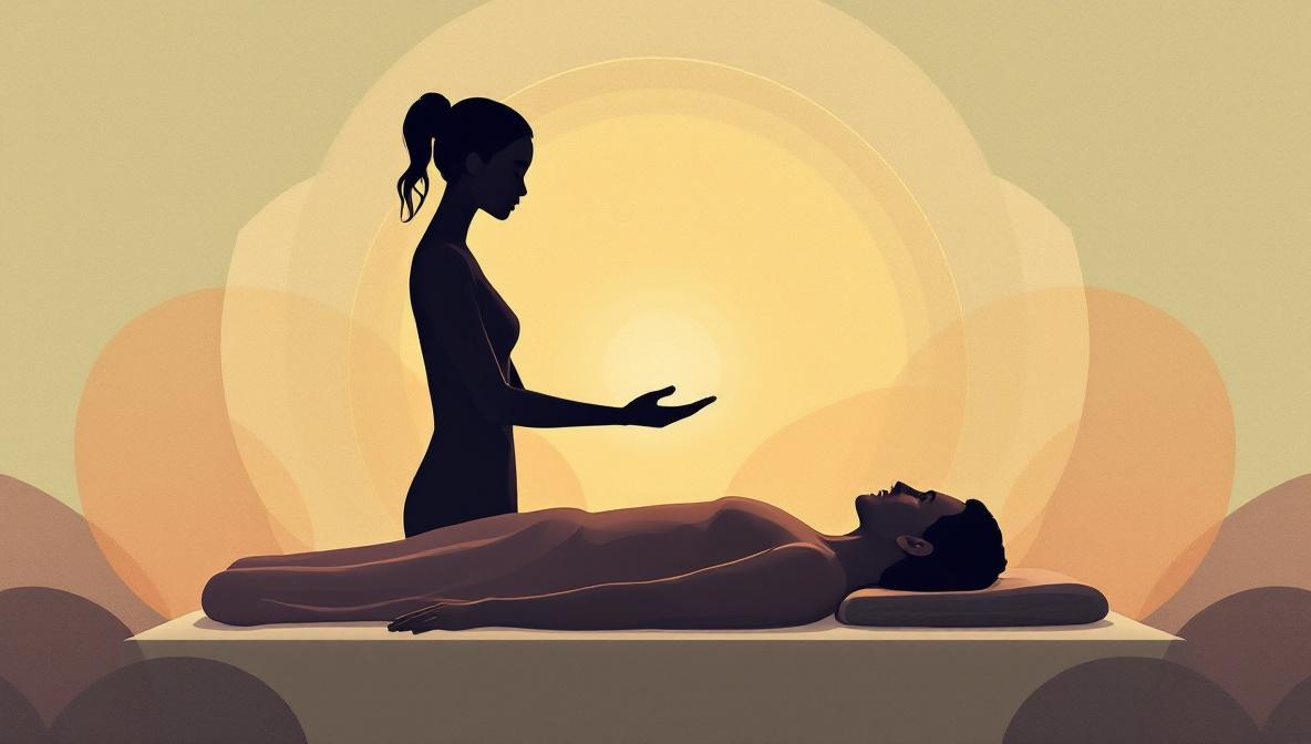 Praticante Reiki che canalizza energia verso una figura distesa — illustrazione editoriale
