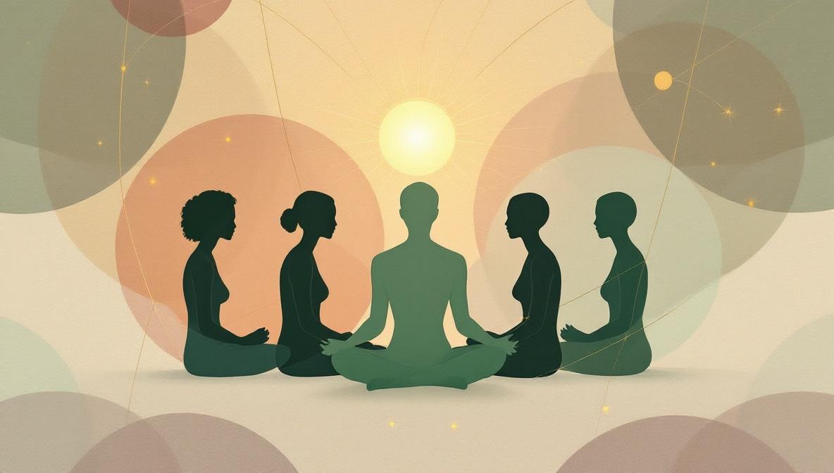 Cerchio di silhouette disposte come una costellazione, connesse da fili di luce dorata — illustrazione editoriale