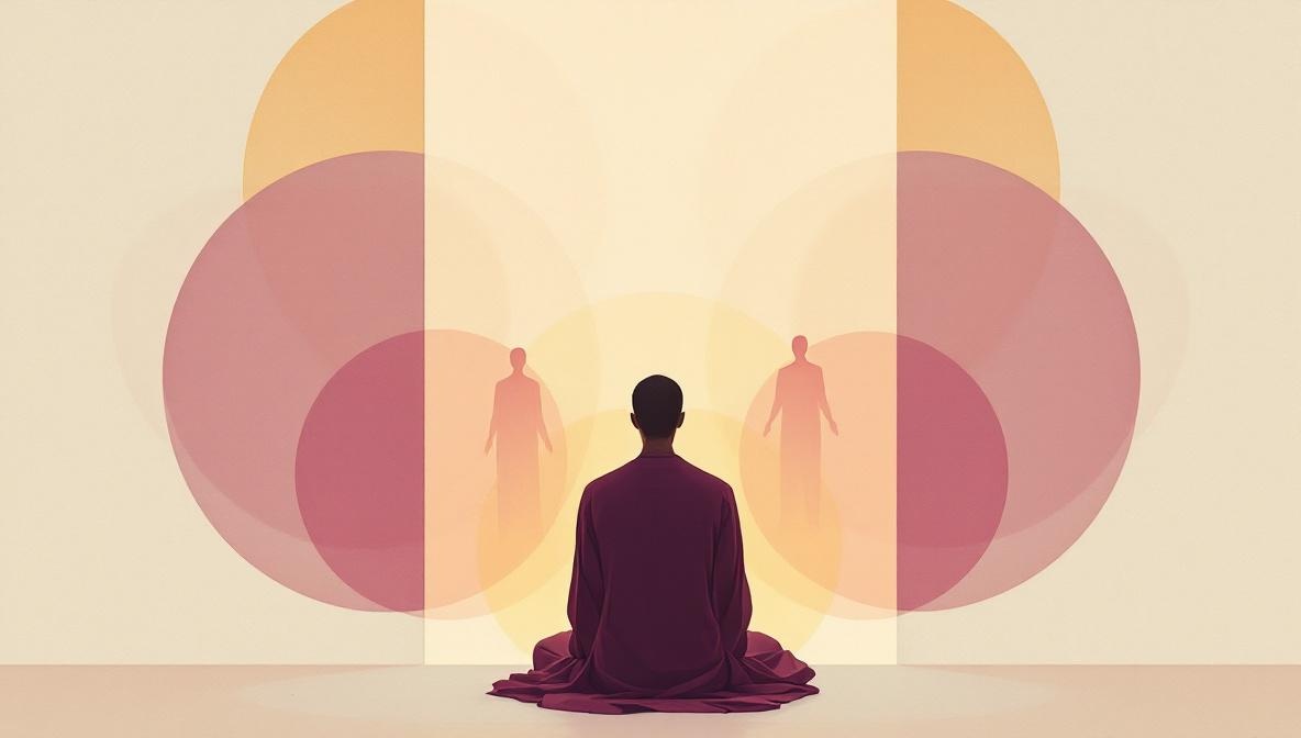 Silhouette davanti a uno schermo luminoso con figure traslucide che emergono dal video — illustrazione editoriale