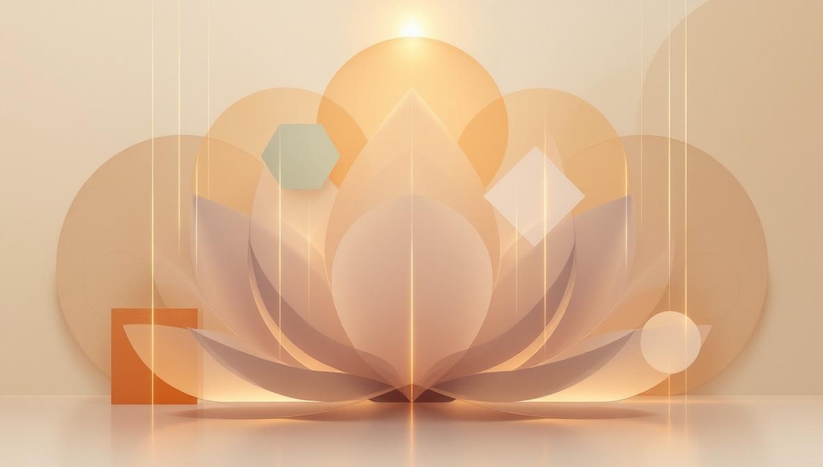 Nine translucent geometric shapes — triangles, squares and diamonds — connected by glowing channels of warm gold light, against a warm cream background — editorial illustration of the Human Design centres
