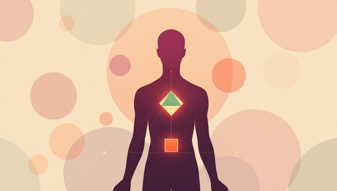 A standing human silhouette with nine translucent geometric shapes floating in front of the body, connected by glowing channels — editorial illustration of a Human Design bodygraph
