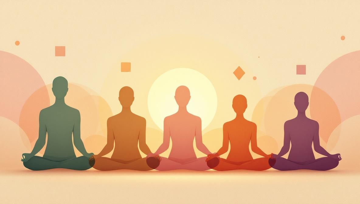 Five abstract human silhouettes in different postures, each in one of the palette colours, representing the five Human Design Types — editorial illustration