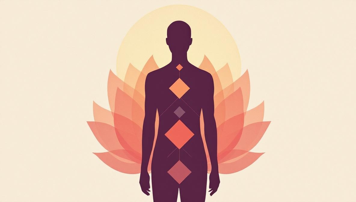 A standing human silhouette with the nine geometric centres of a Human Design bodygraph layered on the torso — editorial illustration