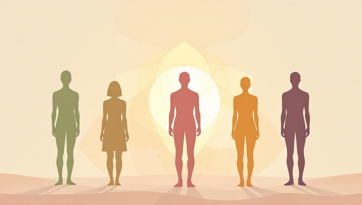 Five human silhouettes in different palette tones standing in a gentle arc, each in a slightly different posture — editorial illustration of the five Human Design types