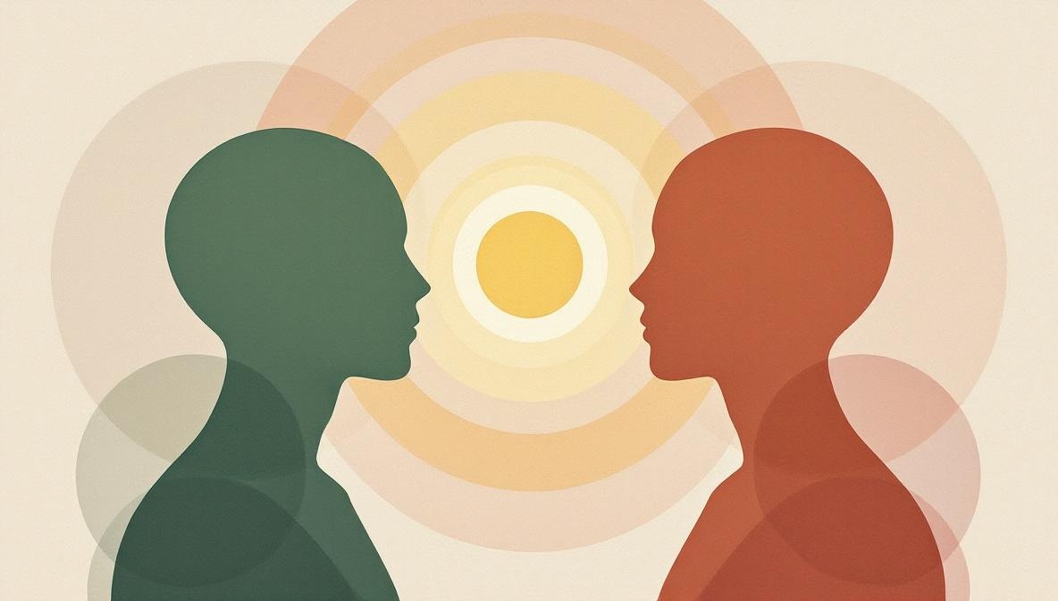 Two silhouettes facing each other across a soft warm gold orb of light — editorial illustration of recognition and invitation