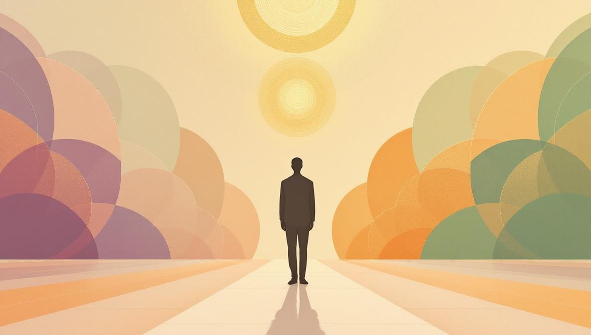 A silhouette at a crossroads with two beams of light diverging — editorial illustration