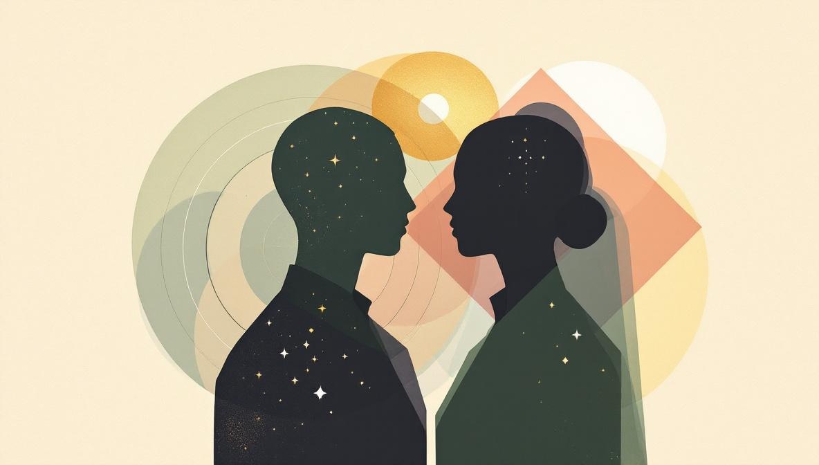 Two silhouettes — one surrounded by a star chart, one by a geometric bodygraph — editorial illustration