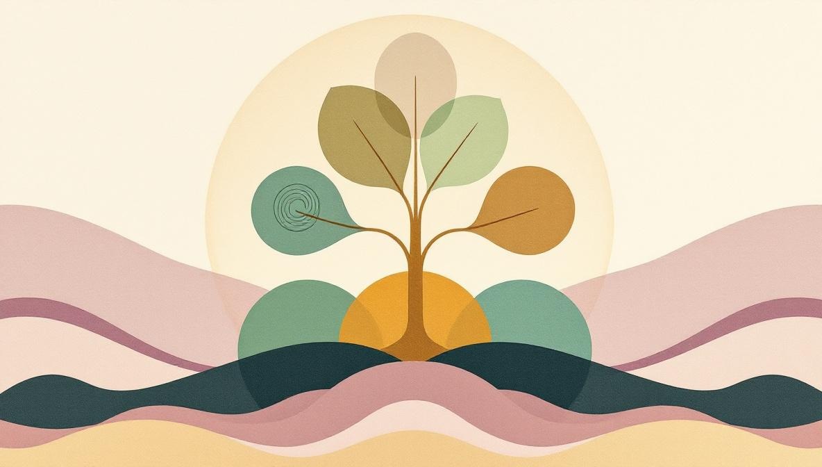 Albero stilizzato con cinque rami che rappresentano le diverse famiglie di discipline olistiche - illustrazione editoriale