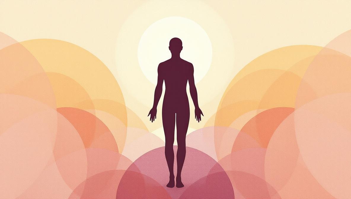 Silhouette umana avvolta da quattro onde colorate che rappresentano corpo, mente, spirito ed emozione - illustrazione editoriale