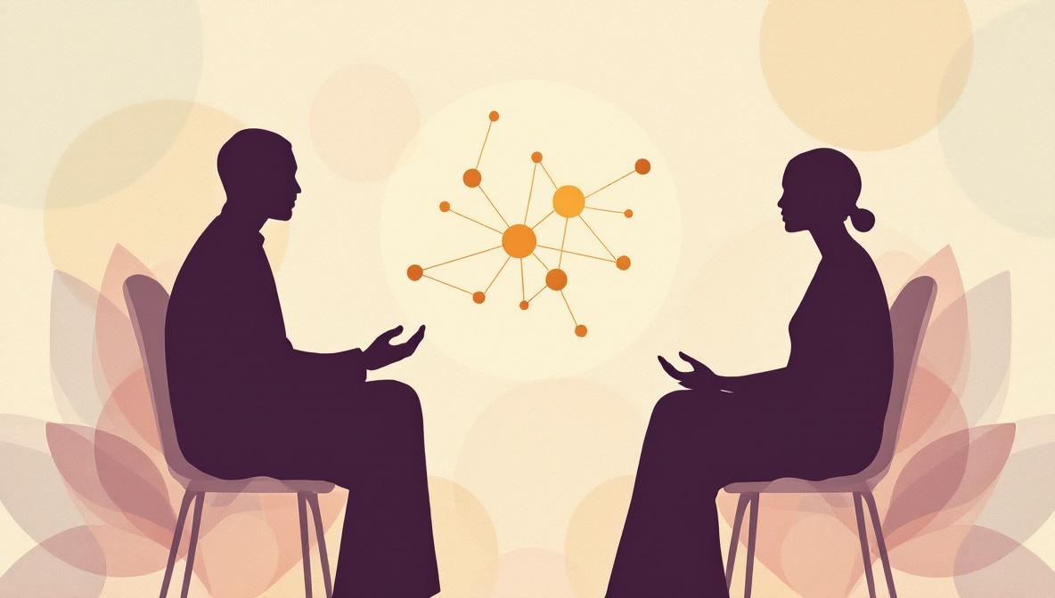 Due silhouette in dialogo, con piccole costellazioni di luce dorata che le collegano - illustrazione editoriale