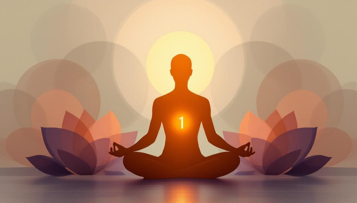 Silhouette in meditazione circondata da numeri fluttuanti — illustrazione editoriale