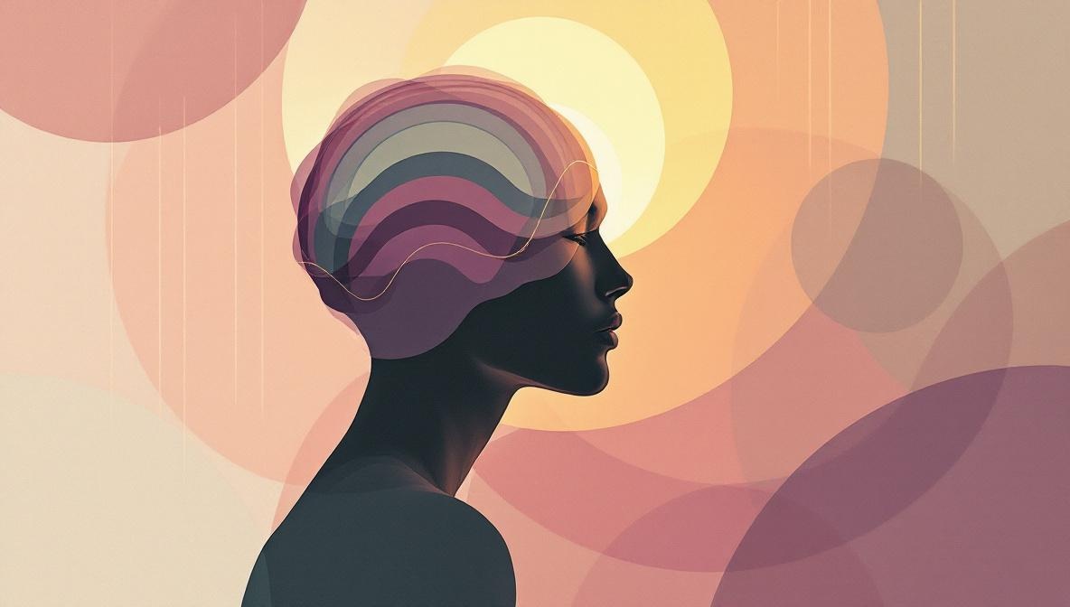 Silhouette in profilo con onde sinusoidali lente che si irradiano dalla testa — illustrazione editoriale