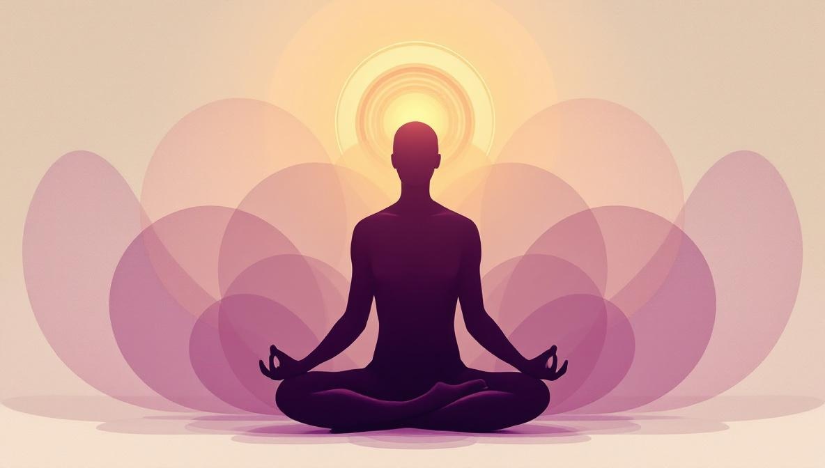 Silhouette in meditazione con onde theta che si irradiano dalla testa — illustrazione editoriale