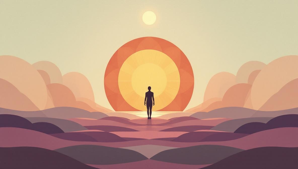 Silhouette al centro di una soglia mauve, ottavo segmento di una ruota astrologica circolare con onde profonde — illustrazione editoriale