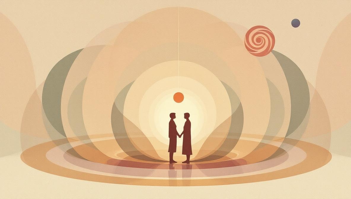 Tre silhouette unite da un filo dorato all'interno di una sfera mauve, con simboli di Plutone e Scorpione — illustrazione editoriale