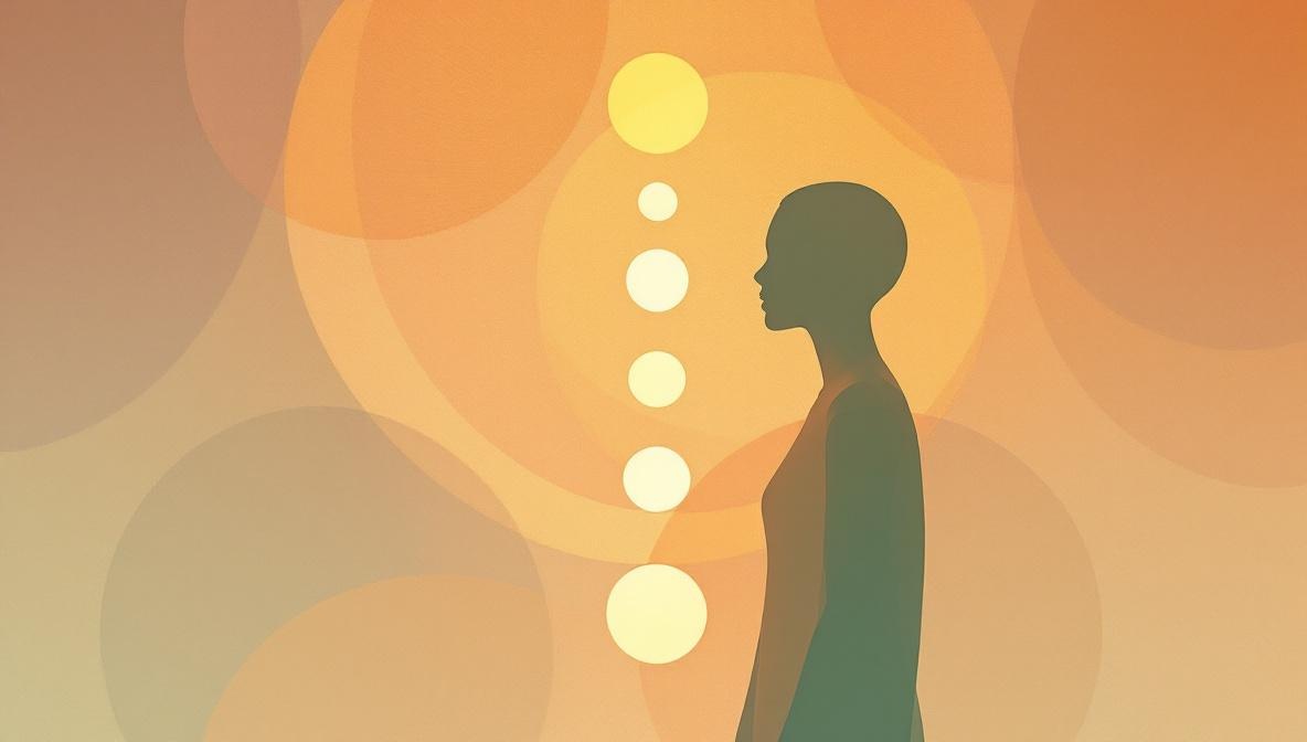 Silhouette di profilo con sette orbi di luce di colori diversi disposti lungo l'asse verticale del corpo — illustrazione editoriale dei centri energetici