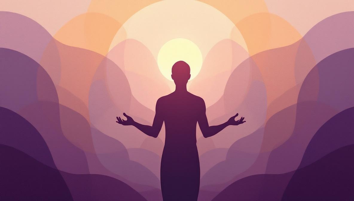 Silhouette in piedi con palme aperte e flussi di luce dorata che fluiscono attraverso il corpo — illustrazione editoriale del Pranic Healing