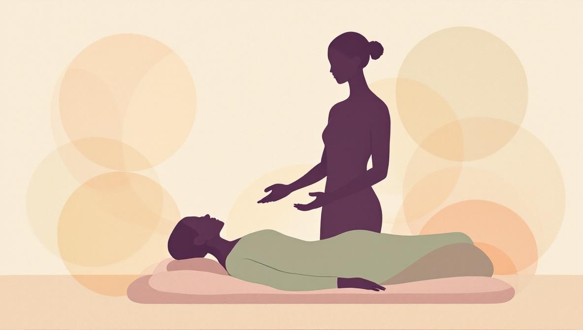 Operatore in piedi che lavora con le mani sospese sopra una persona reclinata, flussi di luce dorata tra di loro — illustrazione editoriale di una sessione di Pranic Healing