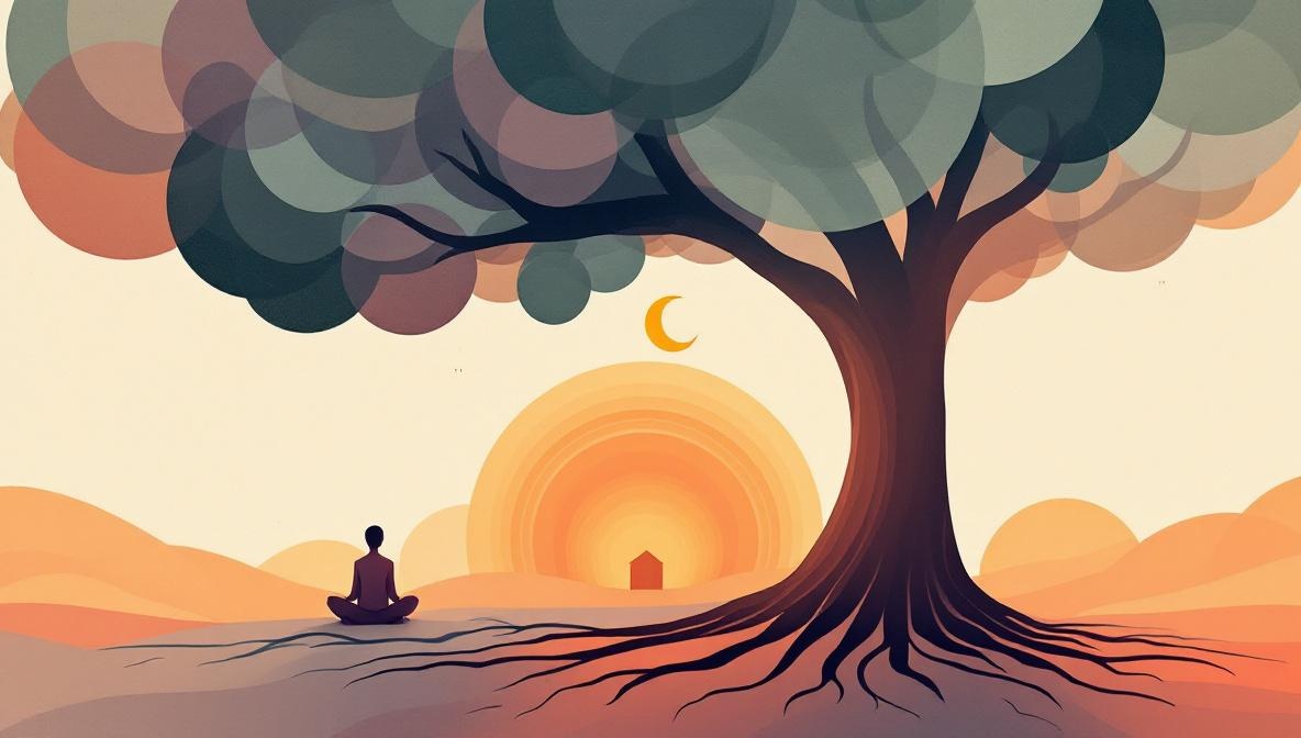 Silhouette seduta alla base di un grande albero con radici profonde e una luna dorata sopra — illustrazione editoriale