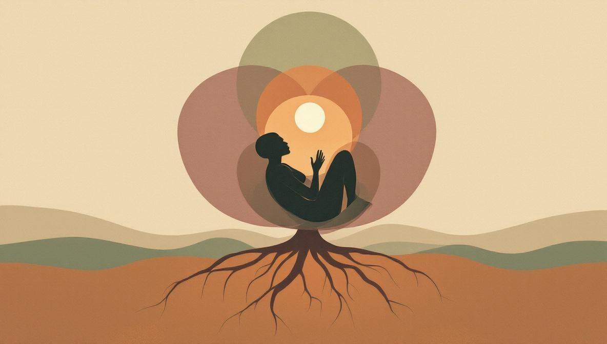 Silhouette raccolta su sé stessa con radici di luce che si estendono nel terreno e cerchi traslucidi sopra — illustrazione editoriale