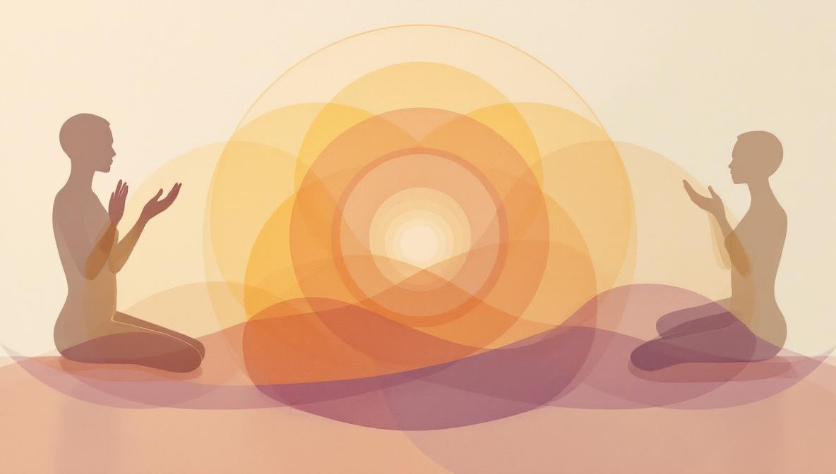 Due silhouette collegate da onde di energia dorata attraverso lo spazio — illustrazione editoriale