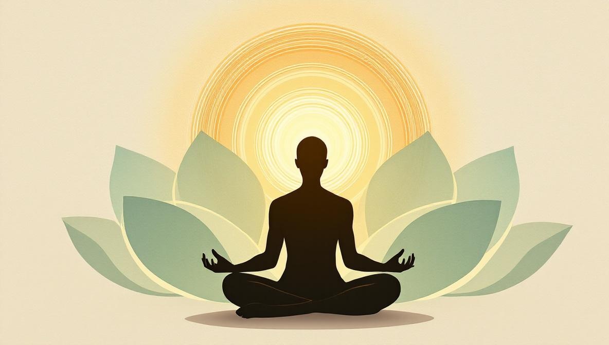 Silhouette di un praticante con le palme aperte che irradiano cerchi di luce — illustrazione editoriale