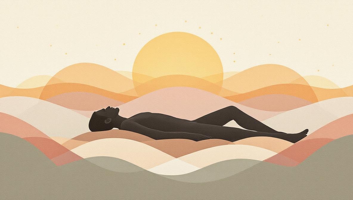 Illustration of a reclining figure surrounded by gentle waves of light