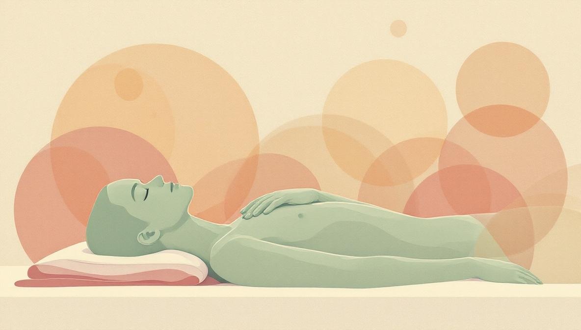 A reclining silhouette receiving Reiki, gold light dissolving small dark shapes near the chest — editorial illustration