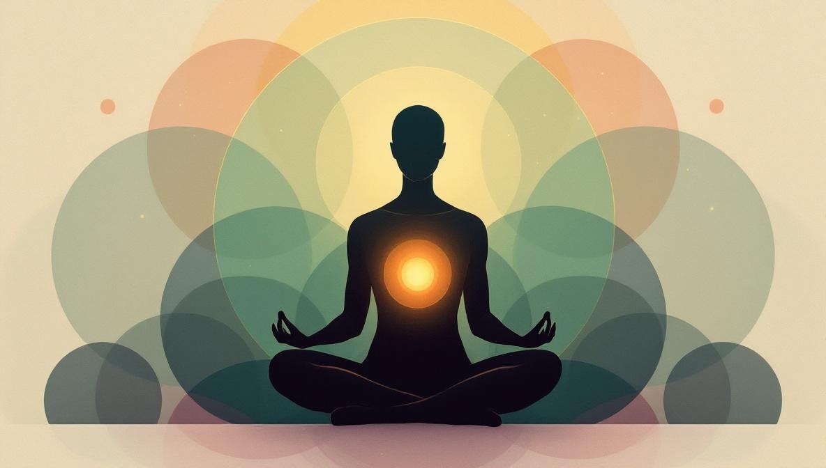Seated silhouette with a soft gold orb at the chest, surrounded by translucent waves — editorial illustration
