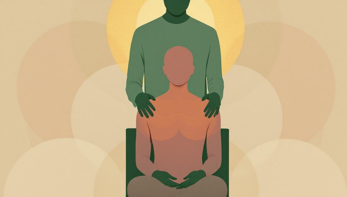 Seated silhouette with a second figure resting hands on shoulders and crown — editorial illustration