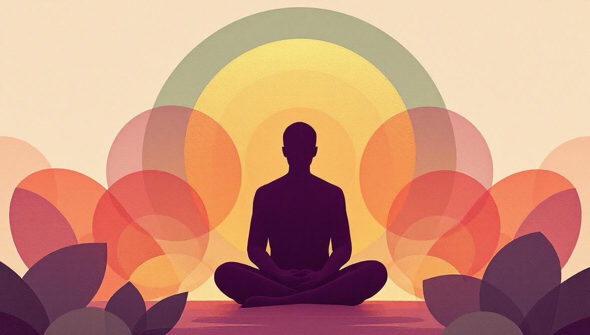 Silhouette seduta in pace circondata da cerchi di luce dorata — illustrazione editoriale