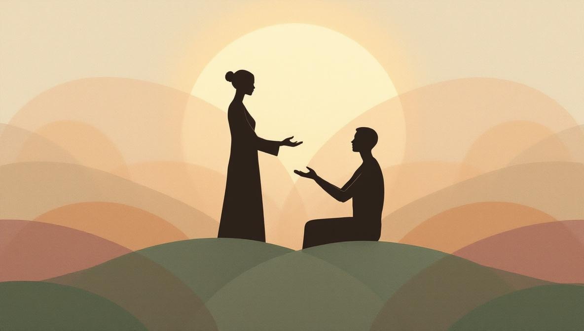 Due silhouette: una in posizione di interrogazione cauta, una in postura aperta e accogliente — illustrazione editoriale