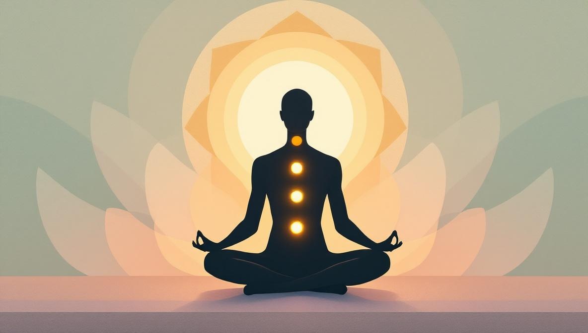Illustration of a seated figure with seven chakra points glowing along the spine