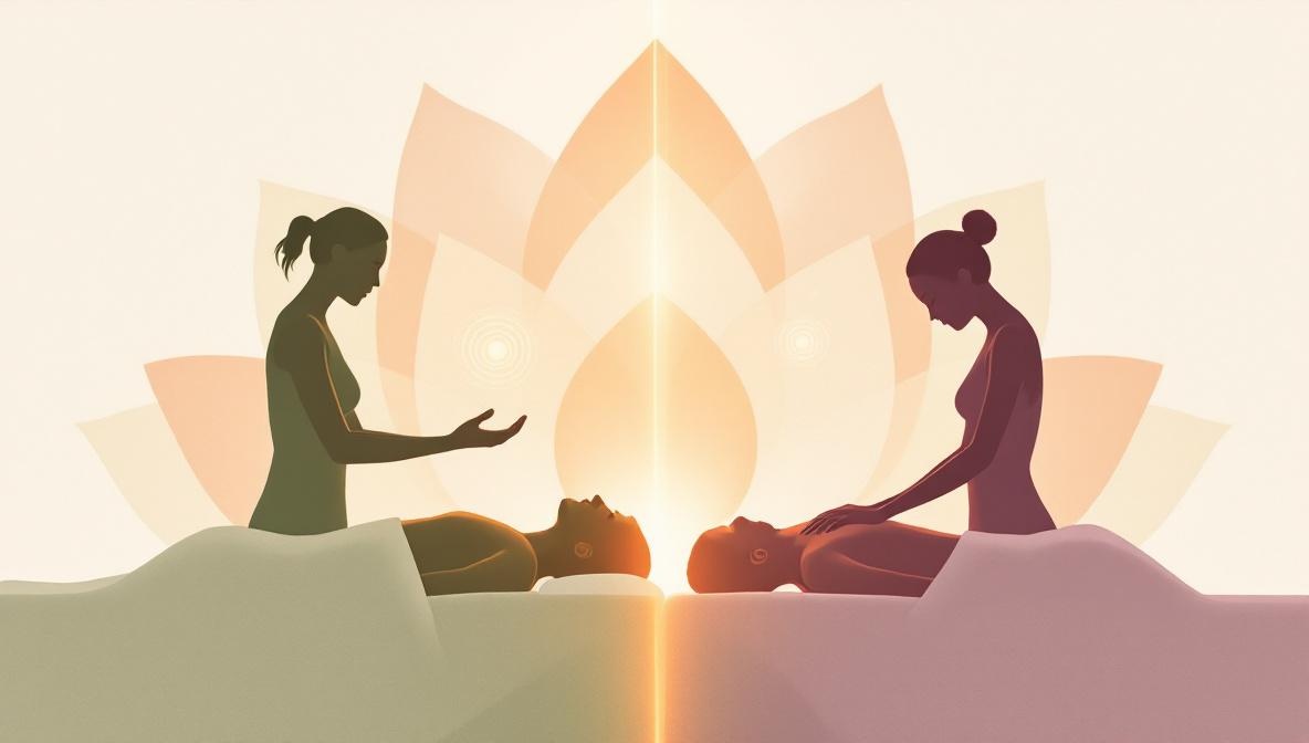 Two silhouettes side by side — one receiving Reiki with hands hovering, one receiving a physical therapeutic massage