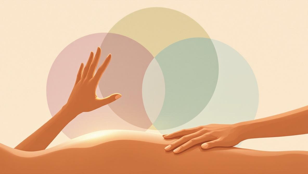 Close-up illustration of two pairs of hands — one hovering above a body channelling energy, one pressing into muscle tissue