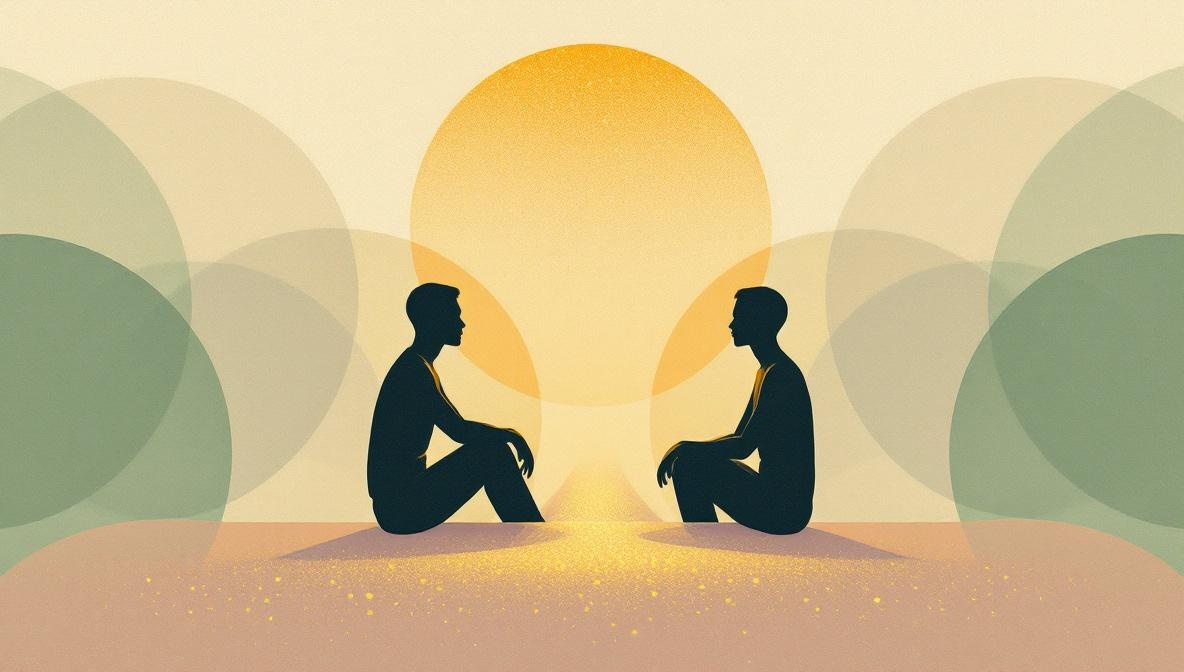 Illustration of two figures connected by a bridge of warm golden light