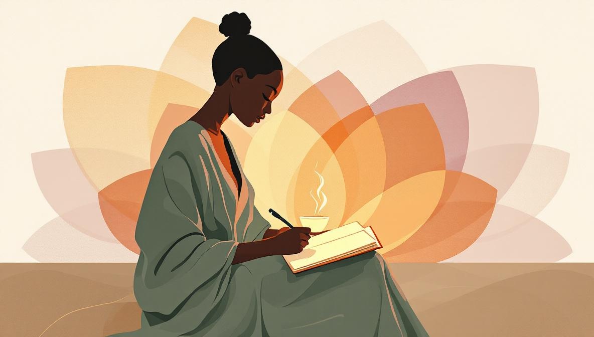 Silhouette che scrive su un quaderno dopo una sessione, con tisana fumante accanto — illustrazione editoriale